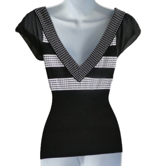 Guess Jeans V Neck Sweater Contrasting Dash Stripes Silk Flutter Sleeves Fitted - Picture 7 of 9